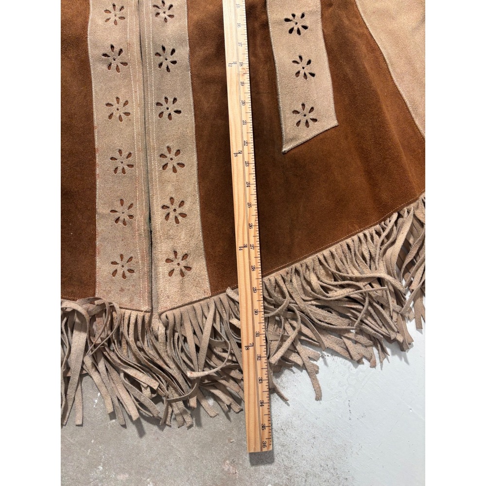 Vintage Suede Leather Fringe Poncho Cape Mexico Floral Cutout Brown Boho M L - Picture 7 of 8